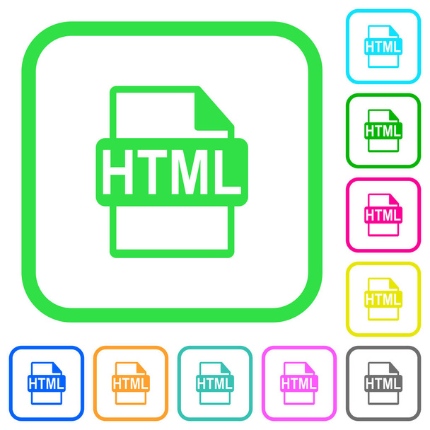 HTML file format vivid colored flat icons in curved borders on white background - Vector, Image