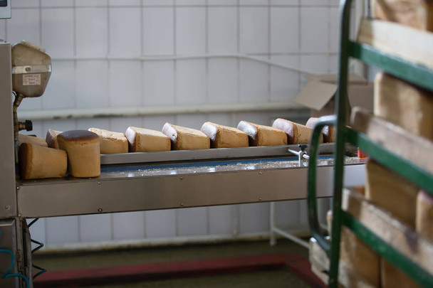 パンの生産のための生産ライン。コンベアの上パン - 写真・画像