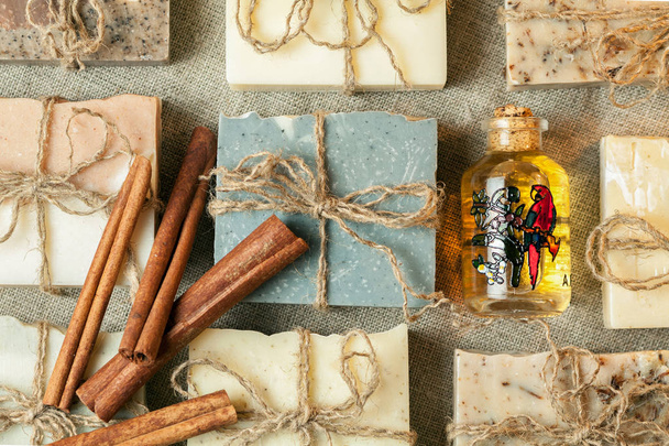 Organic handmade soap. A lot of decorated bricks. Top view - Photo, Image
