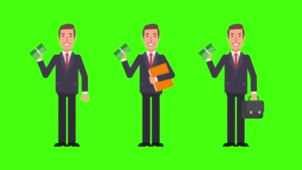 Businessman holding bundle money folder and suitcase. Green background. Motion graphics. Animation video. - Footage, Video