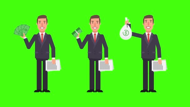 ビジネスマンお金と書類。アルファ チャネル。緑の背景。ビデオ アニメーション. - 映像、動画