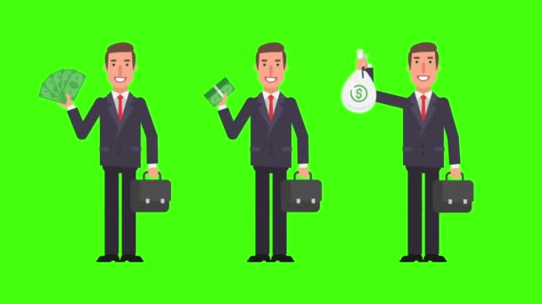 Businessman holding money suitcase and smiling. Green background. Motion graphics. Animation video. - Footage, Video