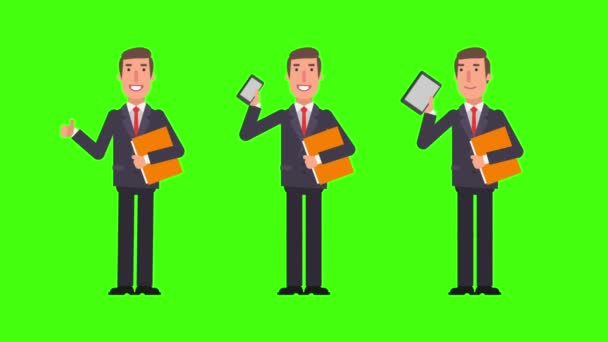 Businessman holding phone tablet folder and showing thumbs up. Green background. Motion graphics. Animation video. - Footage, Video
