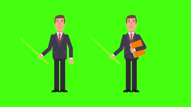 Businessman holding pointer and folder. Green background. Motion graphics. Animation video. - Footage, Video