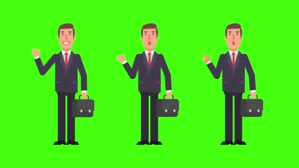 Businessman holds suitcase points and shows waving hand. Green background. Motion graphics. Animation video. - Footage, Video