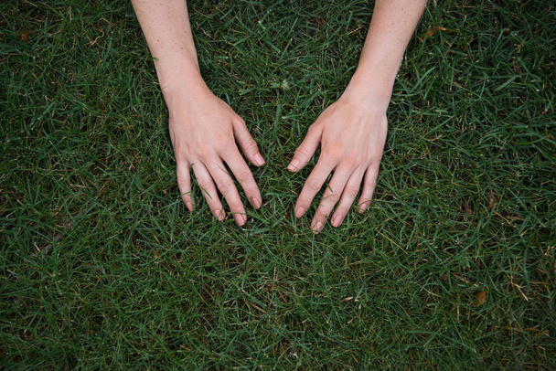 περικομμένη εικόνα γυναίκας αγγίζοντας πράσινο γρασίδι με τα χέρια στο πάρκο - Φωτογραφία, εικόνα
