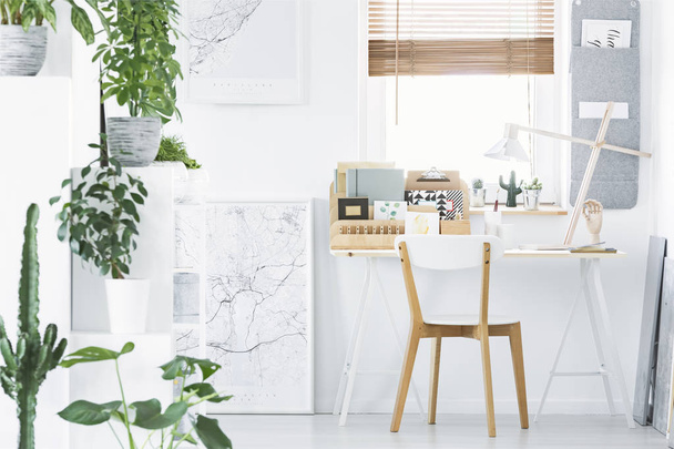 White home office interior with plants, poster, desk, chair and desk organizer standing by the window - Фото, зображення