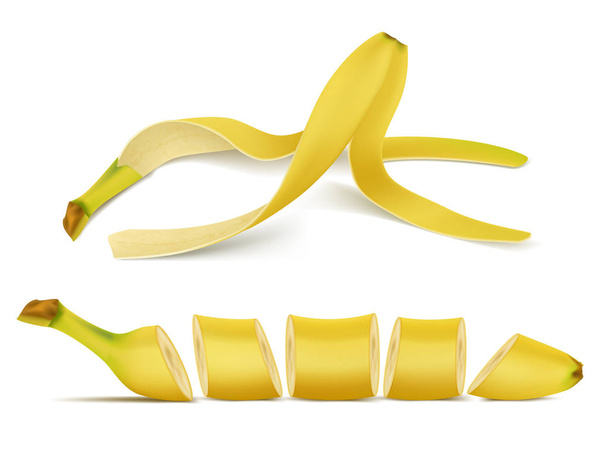Vector 3d realistic banana pile and slices - Διάνυσμα, εικόνα