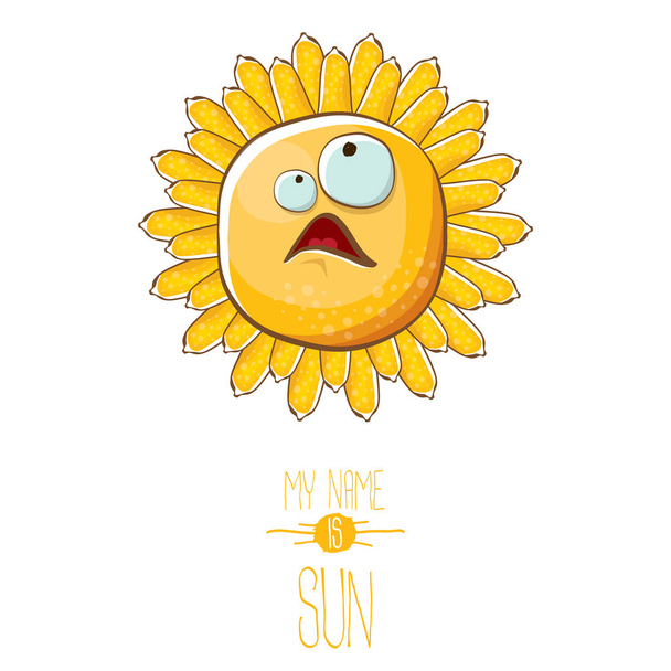 vektori funky sarjakuva tyyli kesän aurinko merkki eristetty valkoisella taustalla. Nimeni on aurinkokonseptin kuvitus. funky lapset kesän hahmo silmät ja suu
 - Vektori, kuva