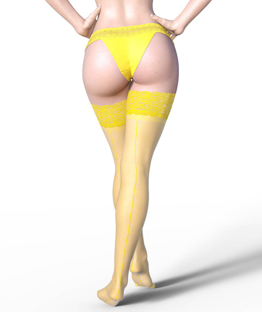 eautiful long slender sexy female legs yellow panties and stockings.Beautiful underwear collection.Provocative liberated pose.3D rendering.Isolate.Conceptual fashion art. - Fotografie, Obrázek