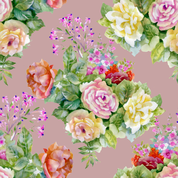 pattern with beautiful roses and wildflowers - Photo, Image