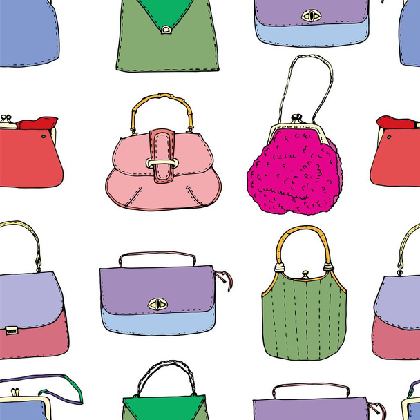 Colorful vintage bags, clutches and purses seamless pattern. Hand drawn vector illustration. Elegant and trendy - Vector, Image