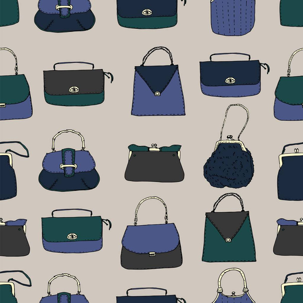 Vintage bags, clutches and purses seamless pattern. Hand drawn vector illustration. Elegant and trendy - Vector, Image