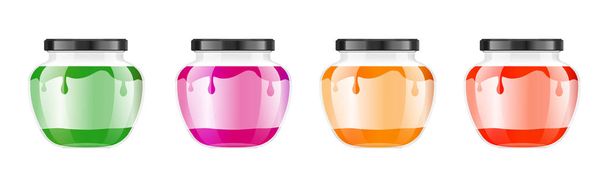 Realistic transparent glass jar with jam, confiture or sauce. Preserving packaging set. Label and logo for jam. Mock up jar with design label or badges. Vector illustrations. - Vector, Image