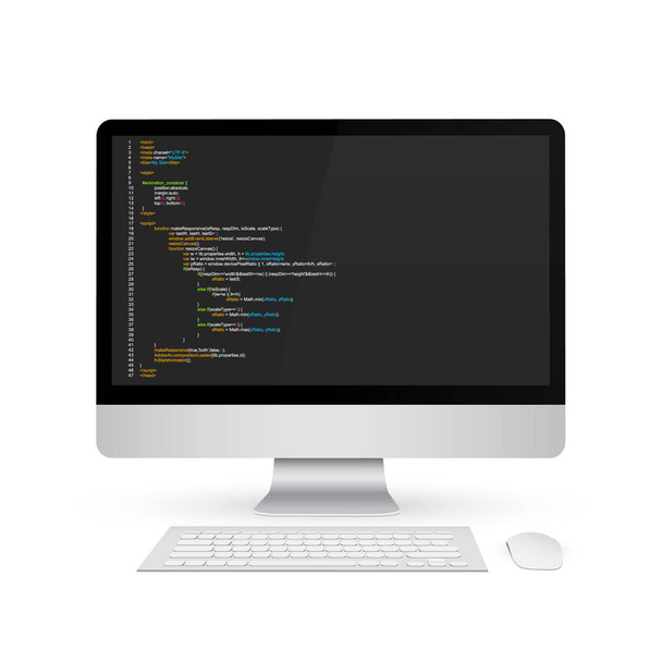 創造的なベクトル イラストの背景に分離されたコンピューターの画面上の Html コードをプログラミングします。アート デザイン ウェブサイト デジタル ページです。プログラム リスト ビュー。抽象的な概念グラフィック技術要素 - ベクター画像
