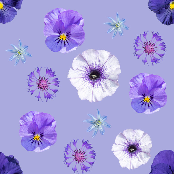 Seamless pattern with blue and violet flowers on blue background - Photo, Image