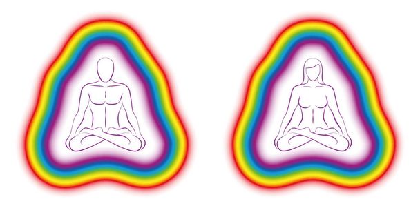 Meditating couple in yoga position with colorful subtle body or aura. Isolated vector illustration on white background. - Vector, Image