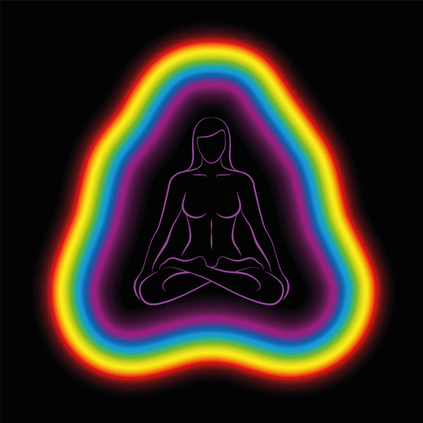Meditating γυναίκα σε θέση γιόγκα με πολύχρωμα αύρα ή λεπτό σώμα. Απομονωμένη διανυσματικά εικονογράφηση σε μαύρο φόντο. - Διάνυσμα, εικόνα