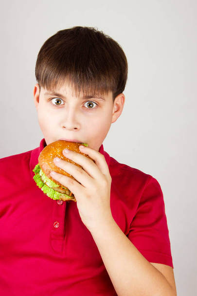 menino faminto com um hambúrguer
 - Foto, Imagem