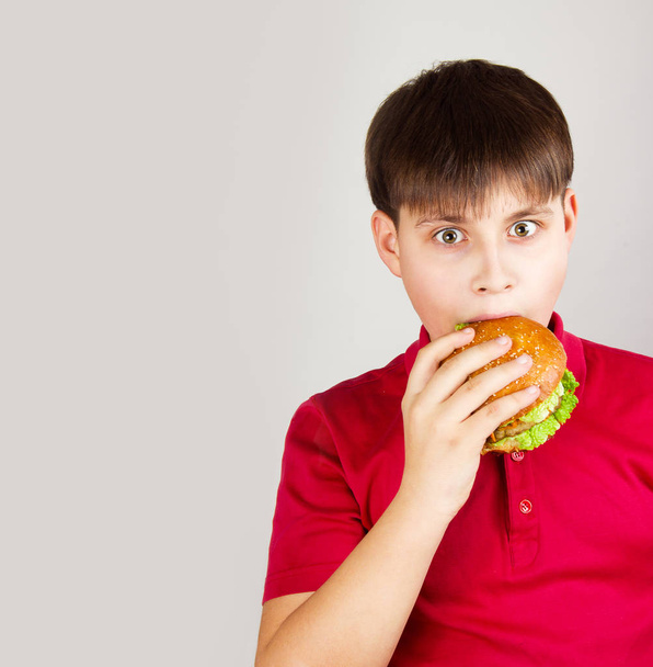 niño hambriento con una hamburguesa
 - Foto, imagen