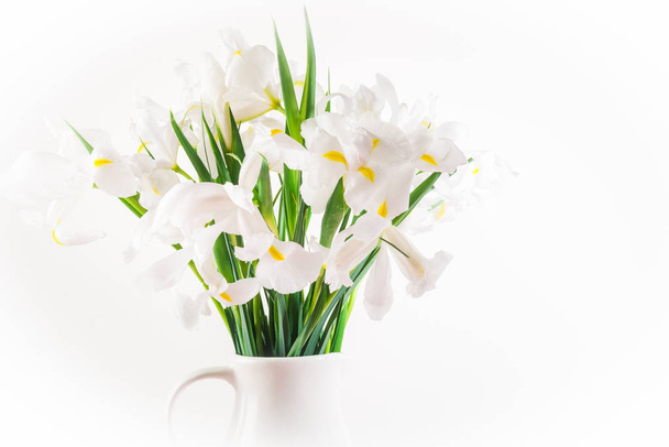 Flores brancas bonitas da íris no vaso, estilo minimalista, espaço de cópia
 - Foto, Imagem