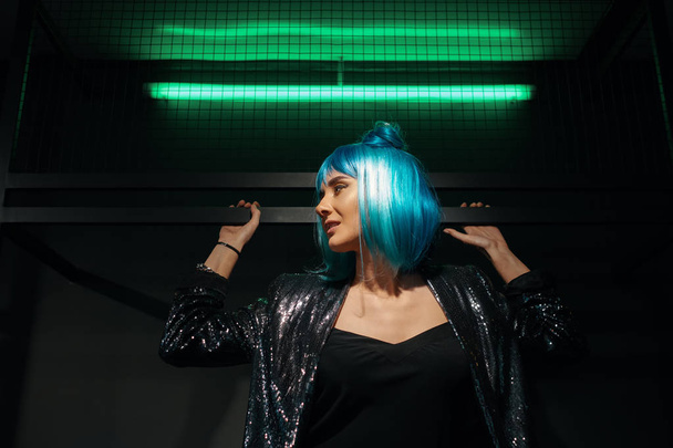 Pop girl portrait wearing blue wig  - Photo, Image