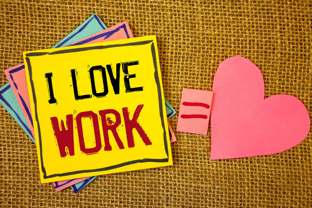 Conceptual hand writing showing I Love Work. Business photo texts To be happy satisfied with job Be doing what you most likeIdeas created on note papers equal sign heart wicker background - Photo, Image