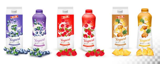Joghurt-Set in Flaschen und Schachteln mit Obst und Beeren. Blaubeere, Himbeere und Ananas. Designvorlage. Vektor - Vektor, Bild