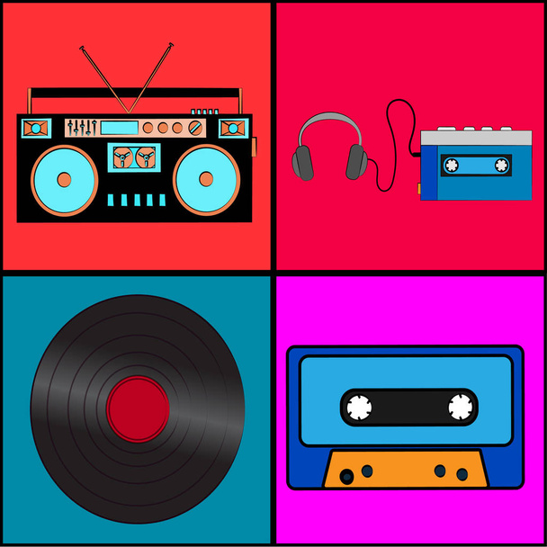 Set of old retro vintage antique hipster musical analog technology, electronics vinyl record, audiocassette and audio player tape recorder from the 80's, 90's on colorful backgrounds. Vector - Vector, Image