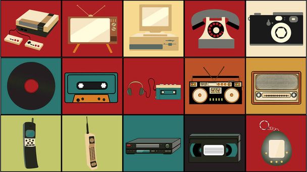Set of old retro vintage hipster technology, elektroniikka musiikki vinyyli, audio-ja video kasetti nauhuri TV-peli konsoli puhelin kamera ja pelaaja 80-luvulla, 90-luvulla värikkäitä taustoja. Vektori
 - Vektori, kuva