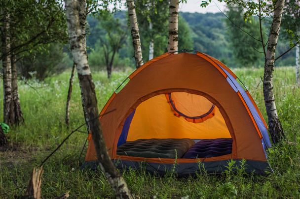 誰も自然緑夏フォレスト環境でソフト フォーカス オレンジ テント コンセプト  - 写真・画像