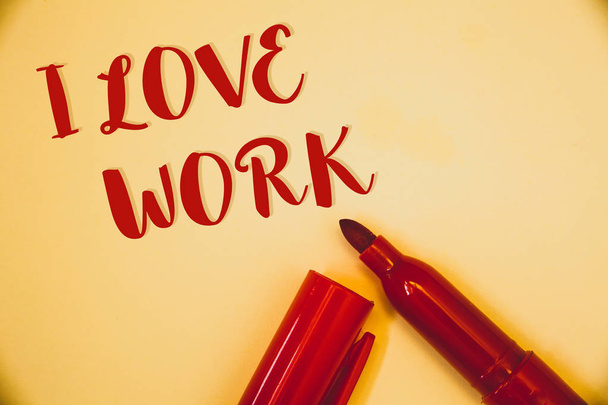 Handwriting texts I Love Work. Concept meaning To be happy satisfied with job Be doing what you most likeIdeas messages words red letters created on vintage background open pen - Photo, Image