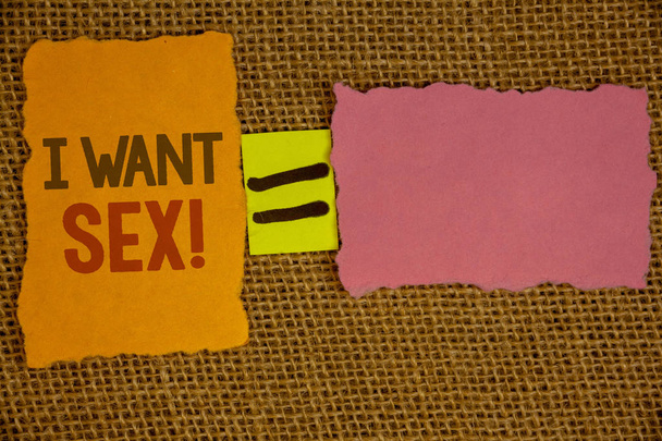 Words writing texts I Want Sex Motivational Call. Business concept for To desire sexual intercourse ExcitementIdeas created on orange yellow pink papers equal sign wicker background - Photo, Image