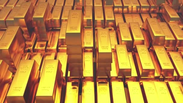 4 k χρυσό, bullion gold μπαρ δημοσίου πλούτου πλινθώματος πολυτελή αγαθά οικονομικών συναλλαγών, 3d animation των σωρευμένων ράβδων χρυσού. - Πλάνα, βίντεο