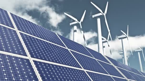4k Sonnenkollektoren & Windkraft, grüne freie klare Energie, Zeitraffer-Wolken fliegen. - Filmmaterial, Video