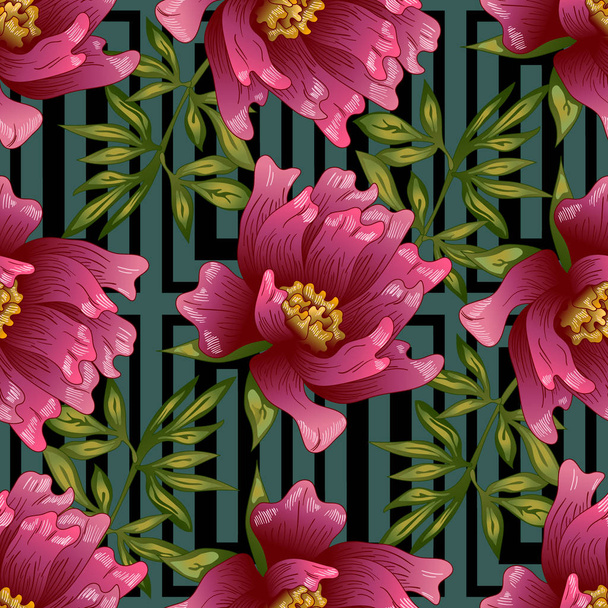Pink peony flower in a vector style. Seamless background pattern. Fabric wallpaper print texture. Full name of the plant: peony. Vector flower for background, wrapper pattern, frame or border. - Вектор,изображение