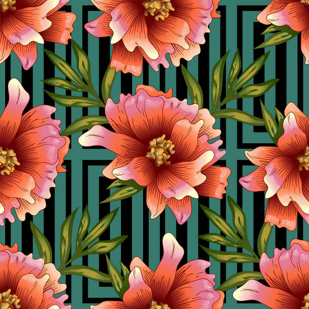 Pink peony flower in a vector style. Seamless background pattern. Fabric wallpaper print texture. Full name of the plant: peony. Vector flower for background, wrapper pattern, frame or border. - Διάνυσμα, εικόνα