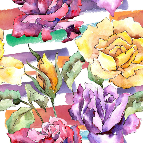 Colorful rose. Floral botanical flower.Seamless background pattern. Fabric wallpaper print texture. Aquarelle wildflower for background, texture, wrapper pattern, frame or border. - Valokuva, kuva