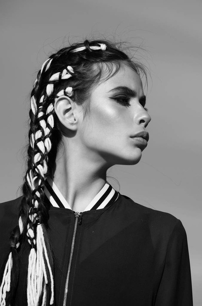 Beauty and fashion. Hairdressing salon. Beauty fashion portrait. Adorable girl with cute face, makeup and stylish braids - Φωτογραφία, εικόνα