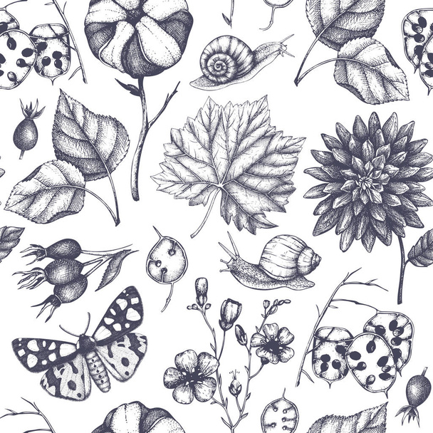 Seamless pattern with autumn plants and snails on white background - Vector, Image