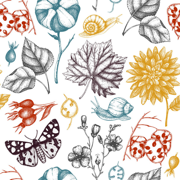 Seamless pattern with autumn plants and snails on white background - Вектор, зображення