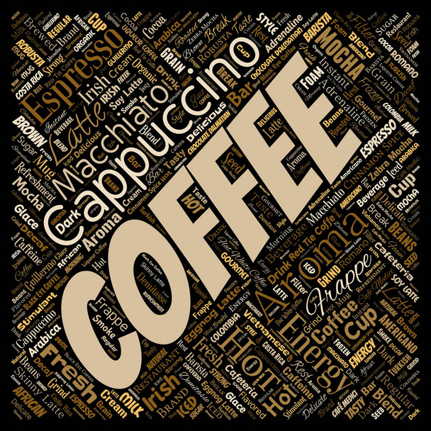 Vector conceptual creative hot morning italian coffee break cappuccino or espresso restaurant or cafeteria square red beverage word cloud isolated. A splash of energy or taste drink concept text - Vector, Image