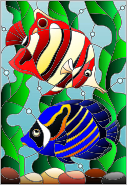 Illustration in stained glass style with a pair bright fishes on the background of water and algae - Vector, Image