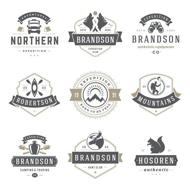 Camping logos templates vector design elements and silhouettes set, Outdoor adventure mountains and forest expeditions, vintage style emblems and badges retro illustration. - Vetor, Imagem