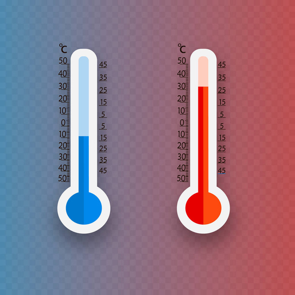 Meteorology thermometers isolated. Cold and heat temperature. Vector illustration. Celsius and fahrenheit - Wektor, obraz