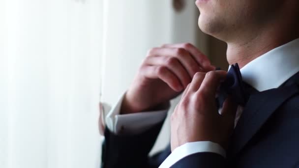 Side close-up view of the hadsome calm groom adjusting his blue bow-tie near the window. - Filmati, video