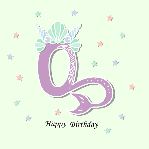 Vector illustration Number Zero with Mermaid tail and Shell Crown. Template for Mermaid style birthday, Baby Birth, party invitation, greeting card. Cute Number Zero as logo, patch, sticker. - Vektor, Bild