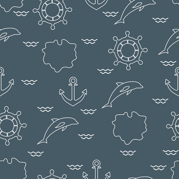 Seamless pattern with dolphins, anchors, steering wheels, waves, islands. Summer leisure. - ベクター画像