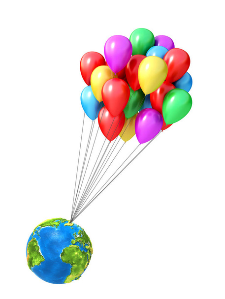 Balloons carry the planet isolated on a white background. 3d illustration. - Photo, image