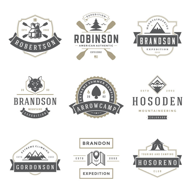Camping logos templates vector design elements and silhouettes set, Outdoor adventure mountains and forest expeditions, vintage style emblems and badges retro illustration. - Вектор,изображение